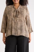 Renee C Animal Print Tie Neck Long Sleeve Top
