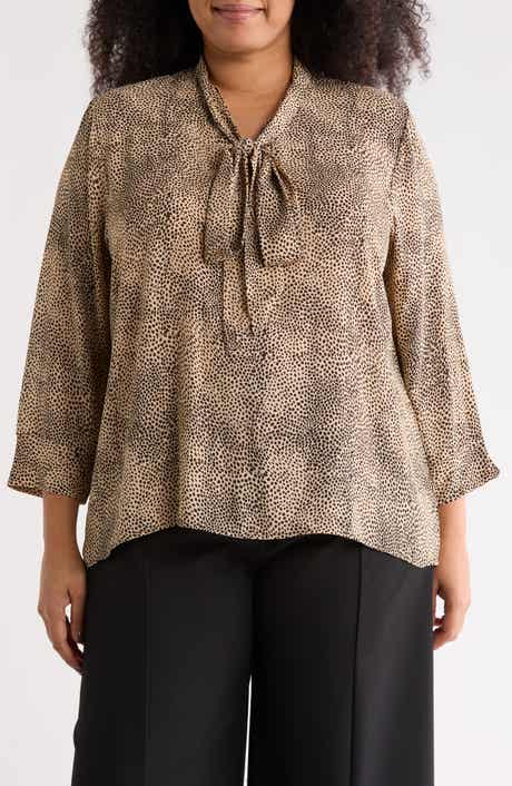 Renee C Animal Print Tie Neck Long Sleeve Top