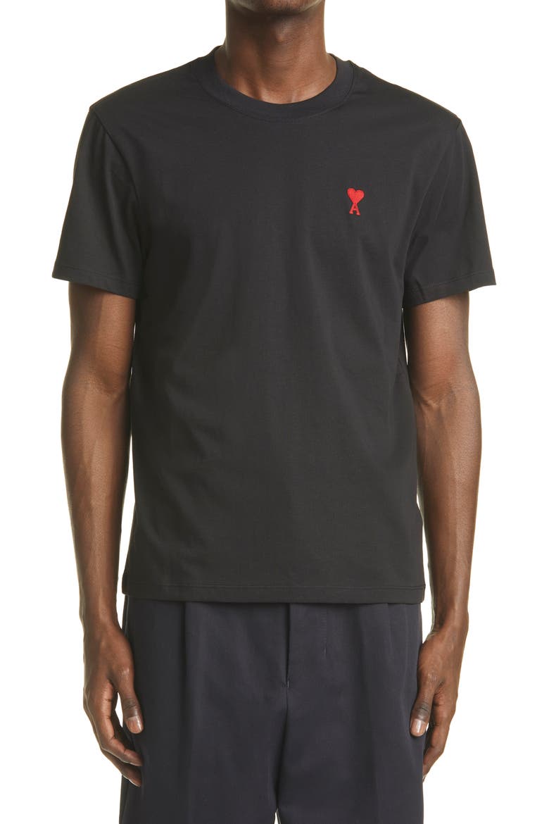 AMI Alexandre Mattiussi Men's Ami de Coeur Embroidered Organic Cotton T-Shirt, Main, color, BLACK