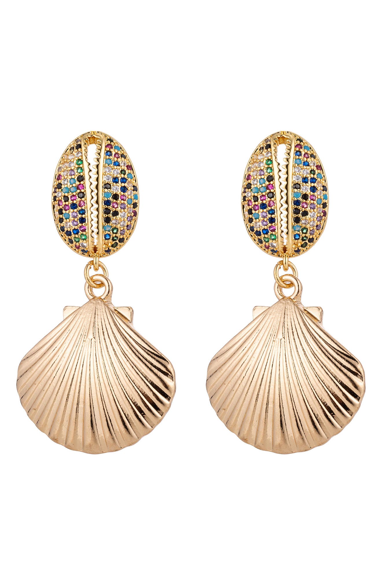 EYE CANDY LOS ANGELES 18K Yellow Gold Plated Pave CZ Seashell Drop Earrings
