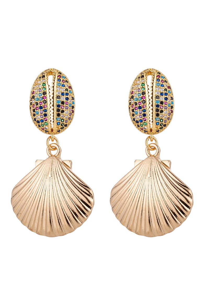 18K Yellow Gold Plated Pave CZ Seashell Drop Earrings, Main, color, GOLD