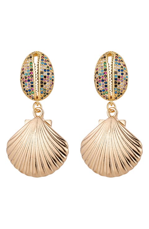 18K Yellow Gold Plated Pave CZ Seashell Drop Earrings