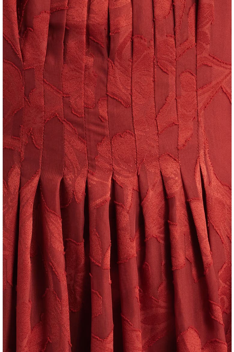 Pleated Floral Jacquard Midi A Line Dress, Alternate, color, RUST