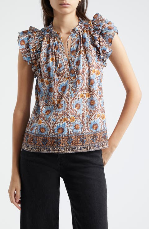 Fleur Floral Ruffle Shoulder Split Neck Top
