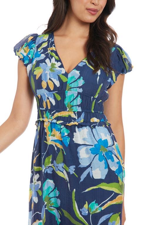 London Times Floral Cap Sleeve Empire Waist Chiffon Maxi Dress In Navy Denim