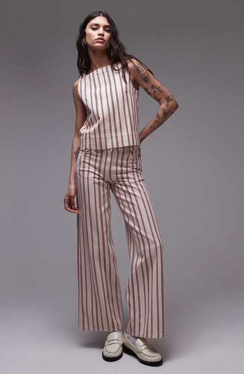 Stripe Mid Rise Wide Leg Jeans