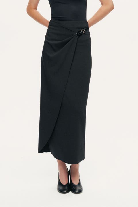 Ring-Buckle Asymmetric Wrap Maxi Skirt
