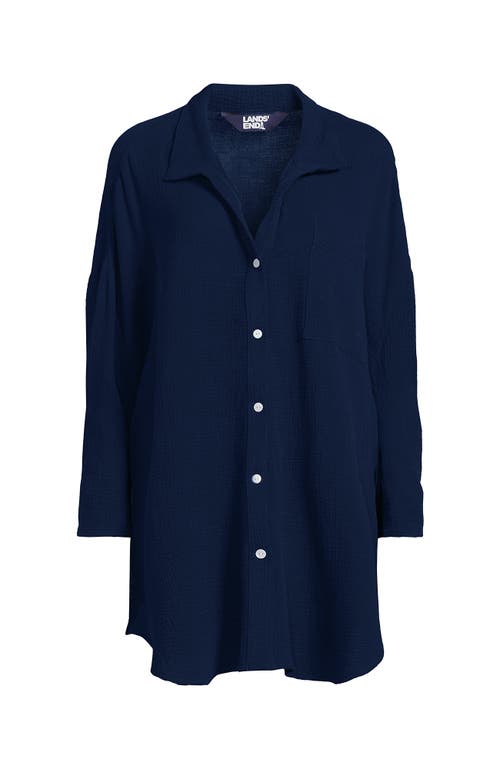 Lands' End Oversized Gauze Button Front Cover-up Shirt In Blue