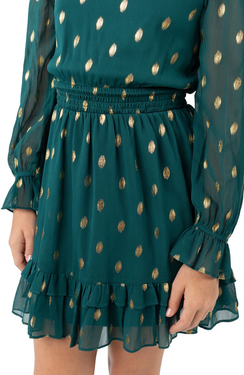 Rare Editions Kids' Foil Dot Long Sleeve Chiffon Dress, Alternate, color, Hunter