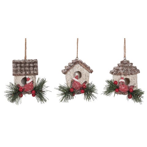 Resin Cardinal Bird House Ornament Set of Three Home Decor