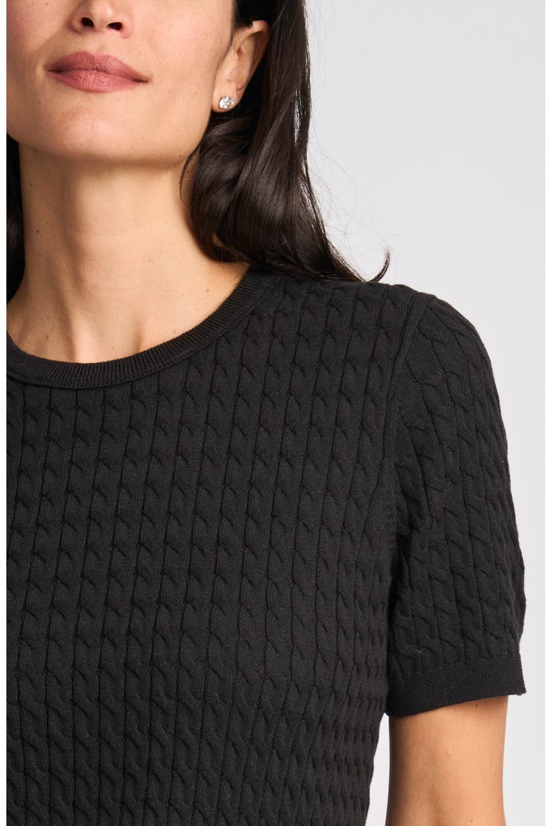 Cable Stitch Short Sleeve Crewneck Sweater, Alternate, color, RICH BLACK