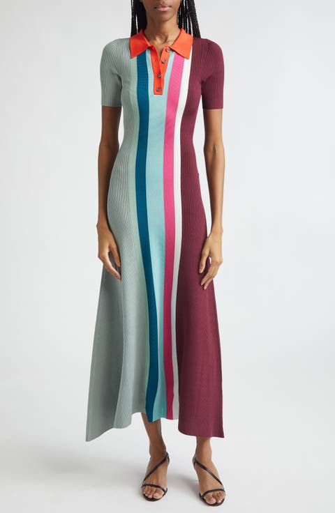 Bowling Colorblock Stripe Rib Polo Sweater Dress