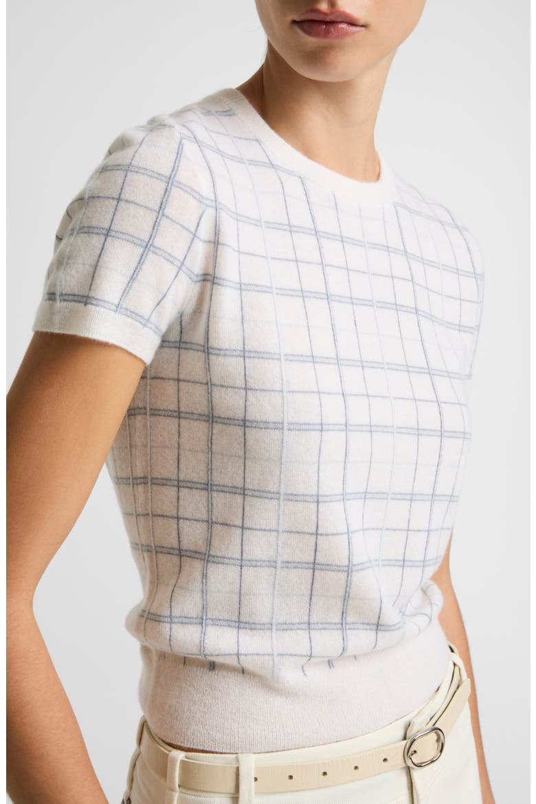 Plaid Short Sleeve Cashmere, Wool & Silk Sweater, Alternate, color, LAGOON COMBO