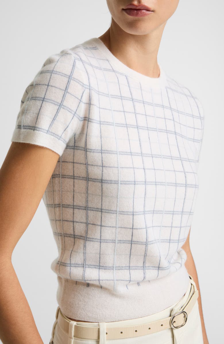 Vince Plaid Short Sleeve Cashmere, Wool & Silk Sweater, Alternate, color, Lagoon Combo