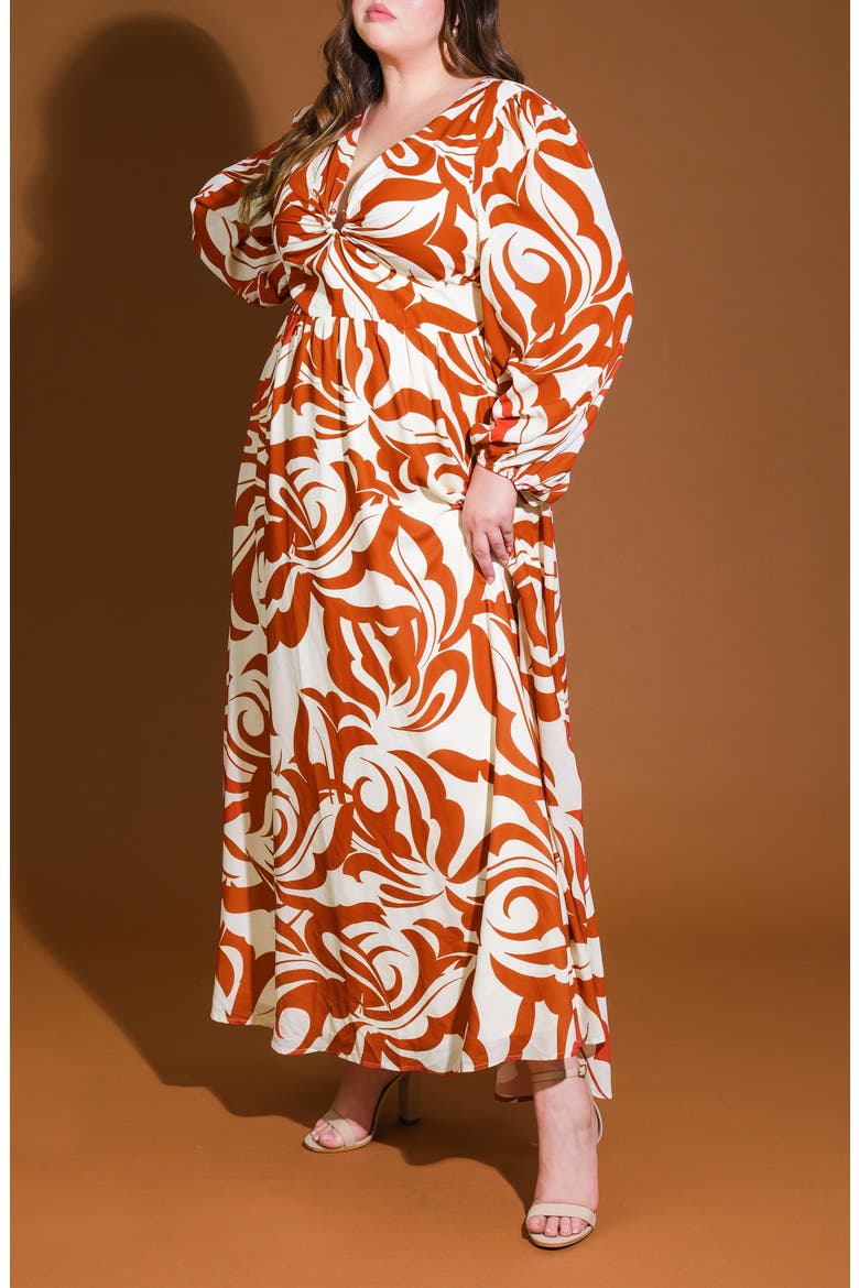 Printed Long Sleeve Maxi Dress, Alternate, color, IVORY BROWN