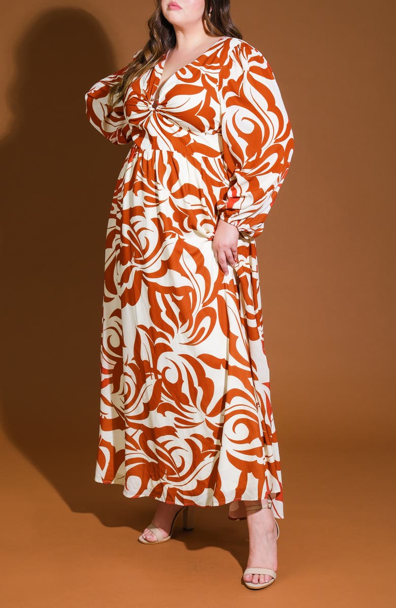 FLYING TOMATO Printed Long Sleeve Maxi Dress, Alternate, color, Ivory Brown