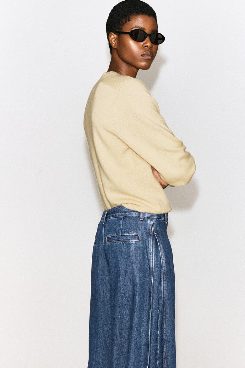 Pleated-Panel Denim Barrel-Leg Pants, Alternate, color, BLUE