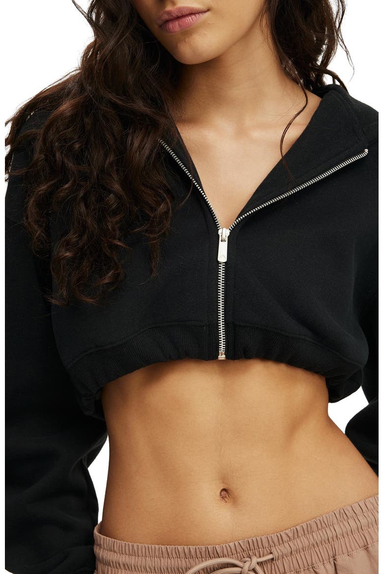 Women's Active Plush Micro Cropped Zip Through, Alternate, color, Black