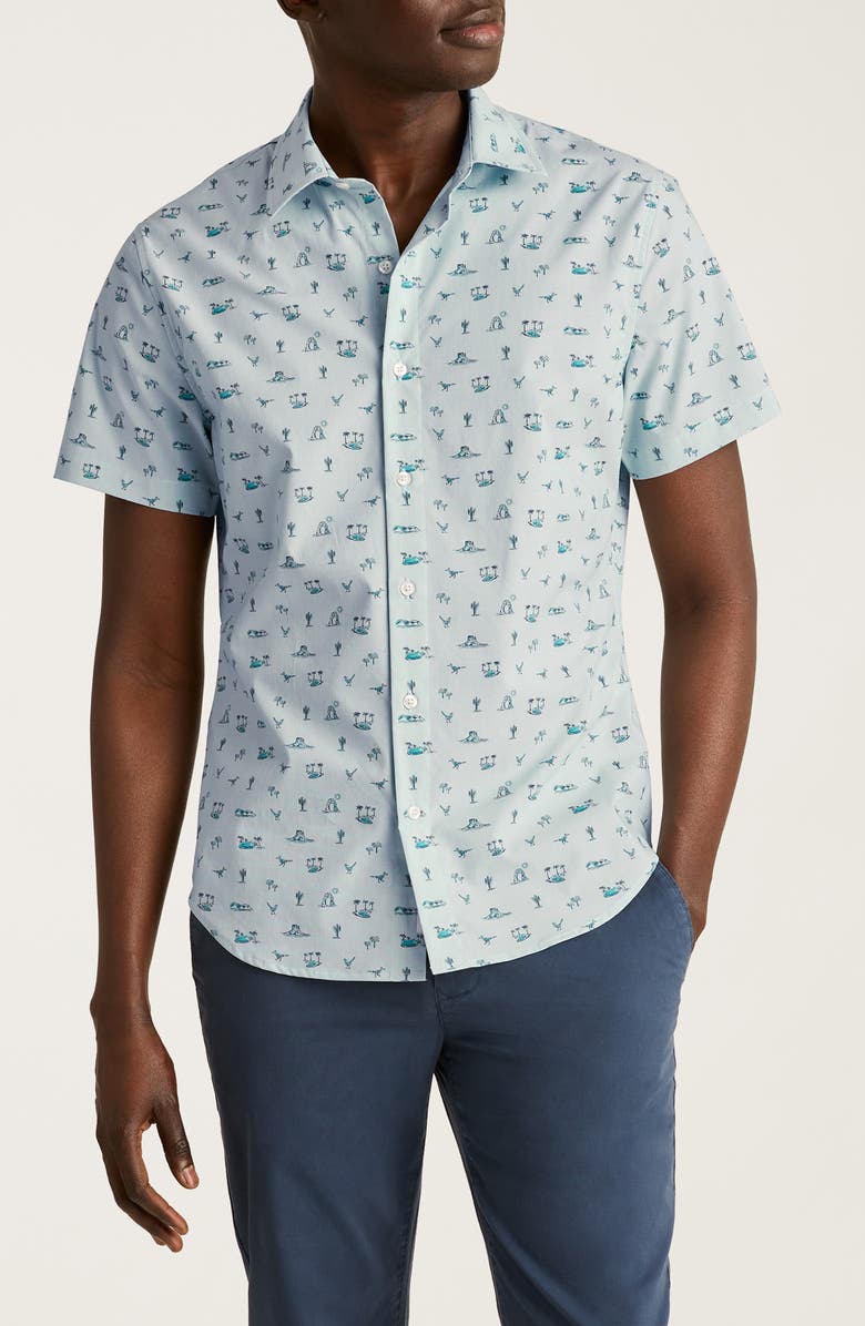 Bonobos Riviera Slim Fit Tropical Print Short Sleeve Stretch Cotton Button-Up Shirt, Main, color, Desert Oasis Toile V4 C29