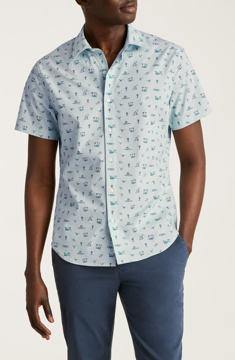 Riviera Slim Fit Tropical Print Short Sleeve Stretch Cotton Button-Up Shirt