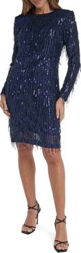 Eliza J Sequin Fringe Long Sleeve Cocktail Dress
