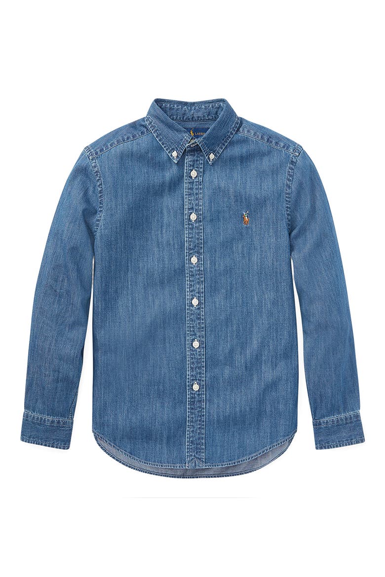 Kids' Chambray Cotton Button-Down Shirt, Main, color, DARK BLUE