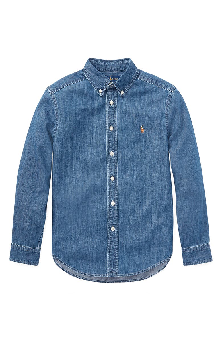 Polo Ralph Lauren Kids' Chambray Cotton Button-Down Shirt, Main, color, Dark Blue