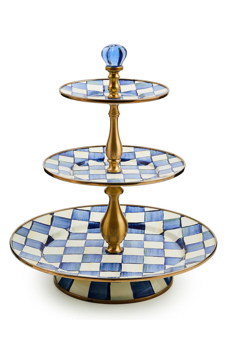MACKENZIE CHILDS Royal Check Three Tier Sweet Stand, Main, color, Blue/ White