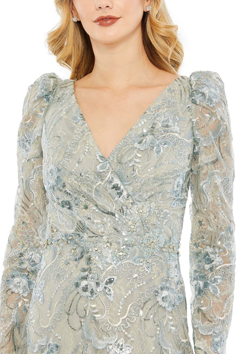 Embroidered Wrap Over Puff Sleeves Trumpet Gown, Alternate, color, Seafoam