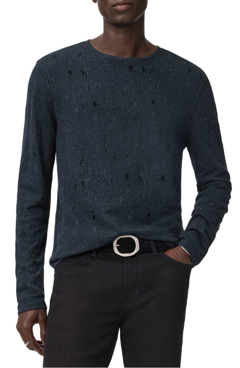 John Varvatos Vera Distressed Jacquard Long Sleeve Crewneck T-Shirt, Main, color, Navy
