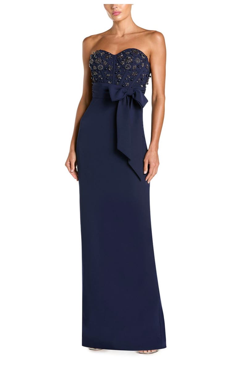 Mac Duggal Crepe Embellished Bustier Strapless Gown With Bow, Main, color, Midnight