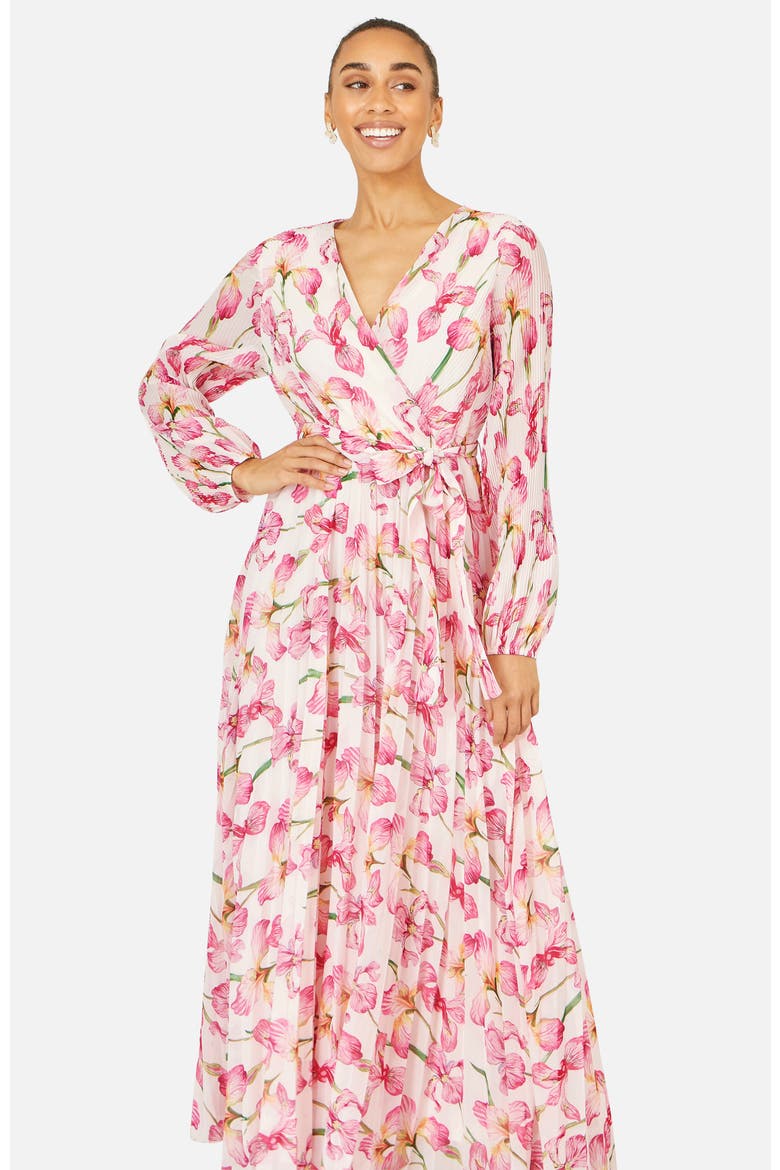 Orchid Floral Pleated Wrap Maxi Dress, Alternate, color, Ivory
