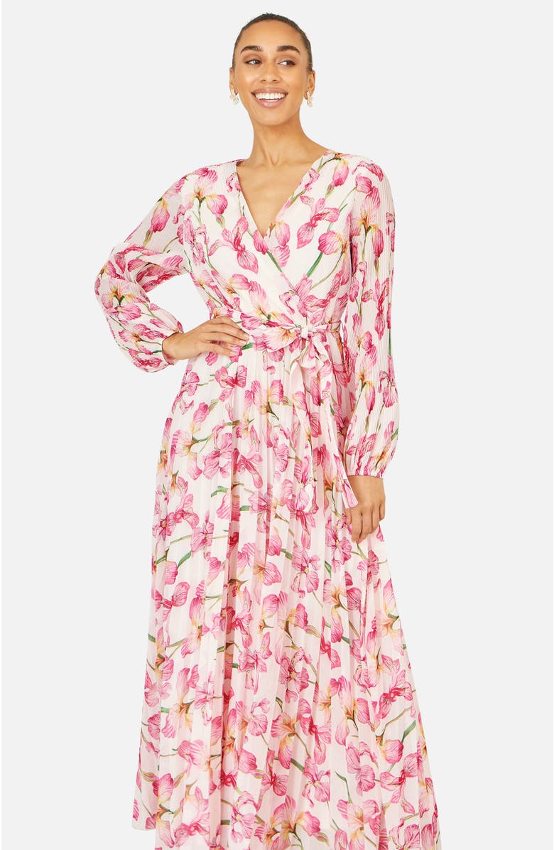Yumi Orchid Floral Pleated Wrap Maxi Dress, Alternate, color, Ivory