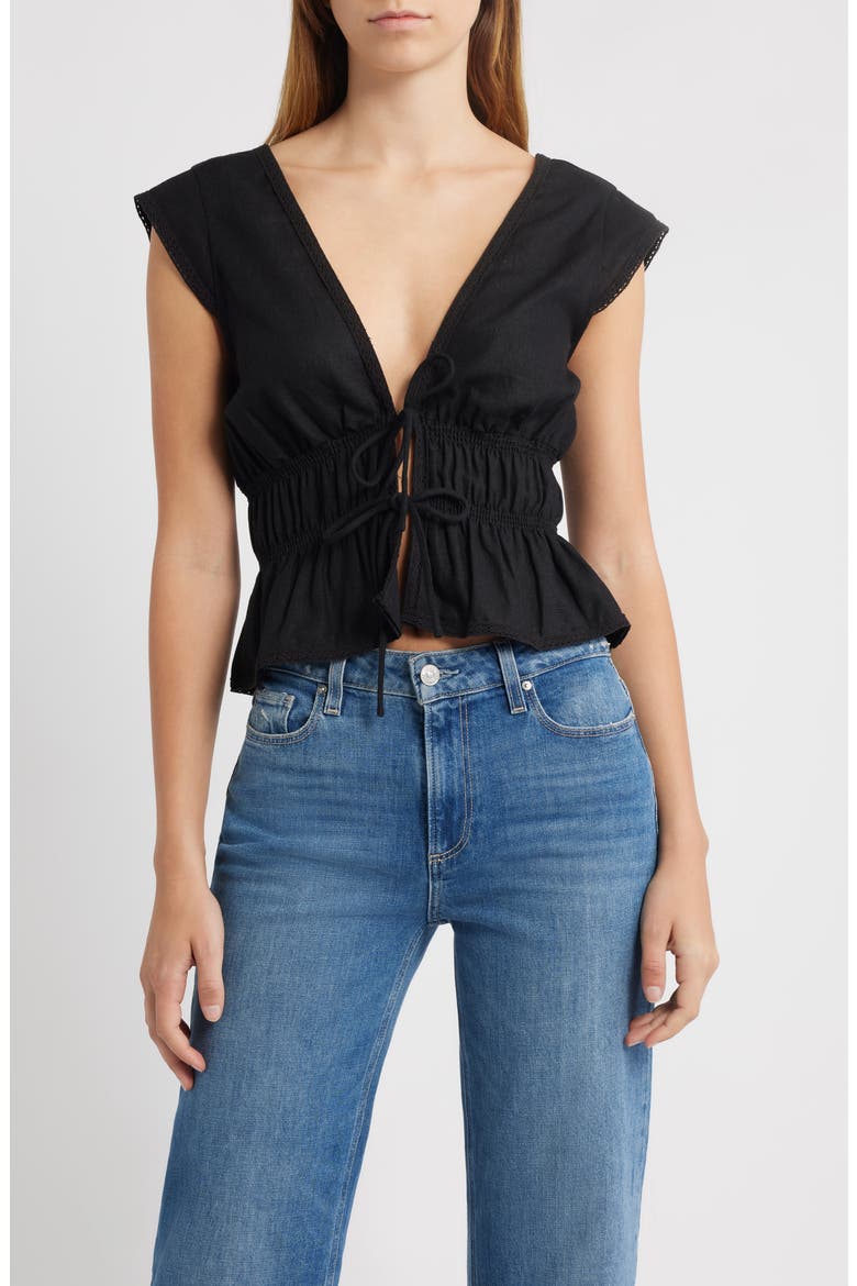 Clara Tie Front Linen Blend Top, Main, color, BLACK