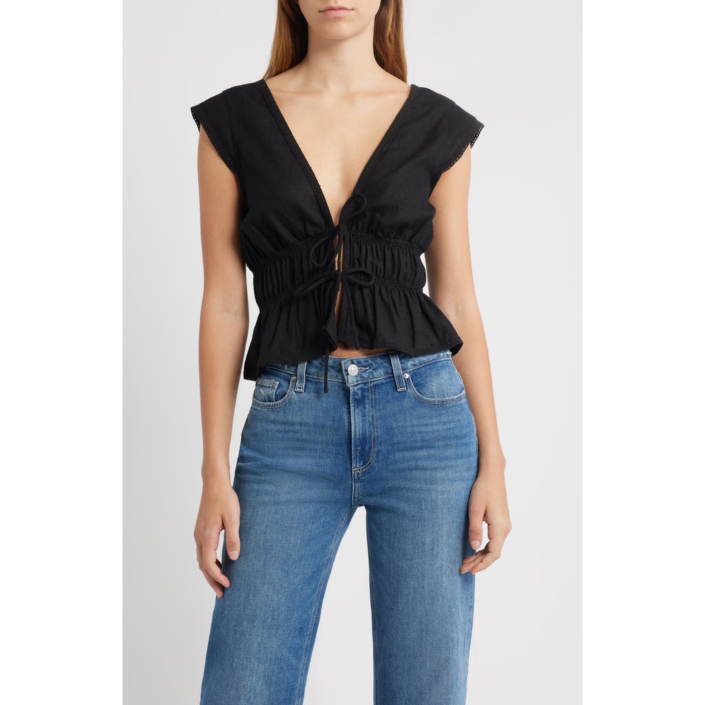 Wayf Clara Tie Front Linen Blend Top In Black