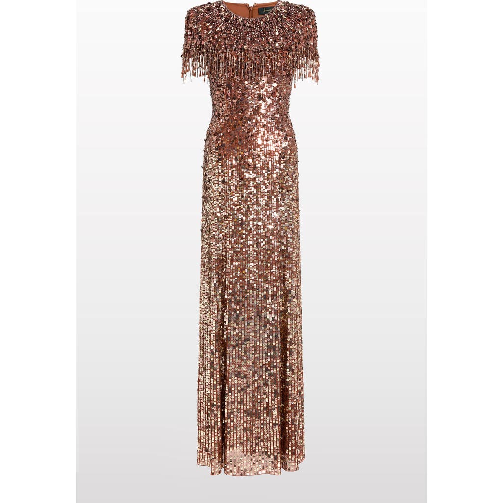 Jenny Packham Eugenie Sequin Fringed Maxi Dress In Brown