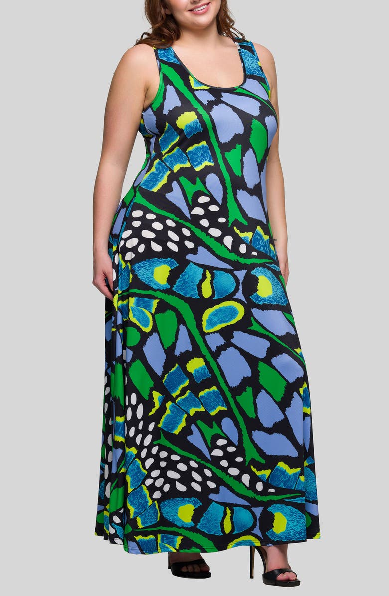 24seven Comfort Apparel Print Sleeveless Maxi Dress, Alternate, color, Green Multi