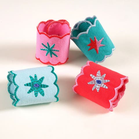 Nilufer 4Pcs Digital Printed Embroidered 100% Cotton Napkin Ring Set 2X7 In