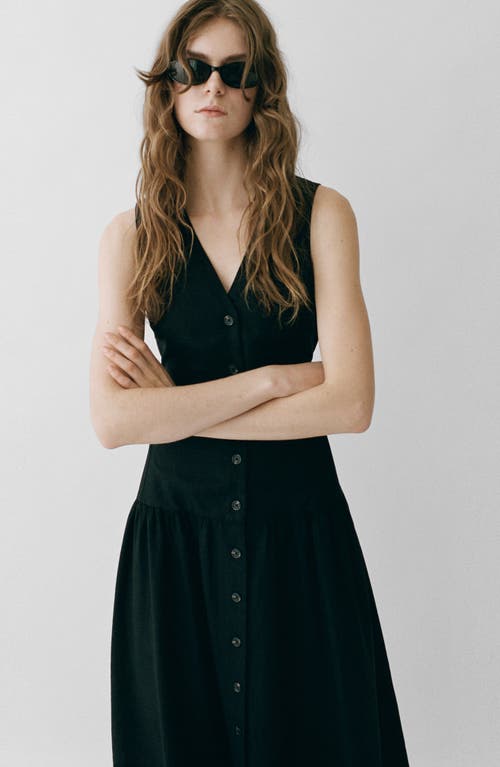 Mango Linen Look Tie Waist Button Up Midi Dress