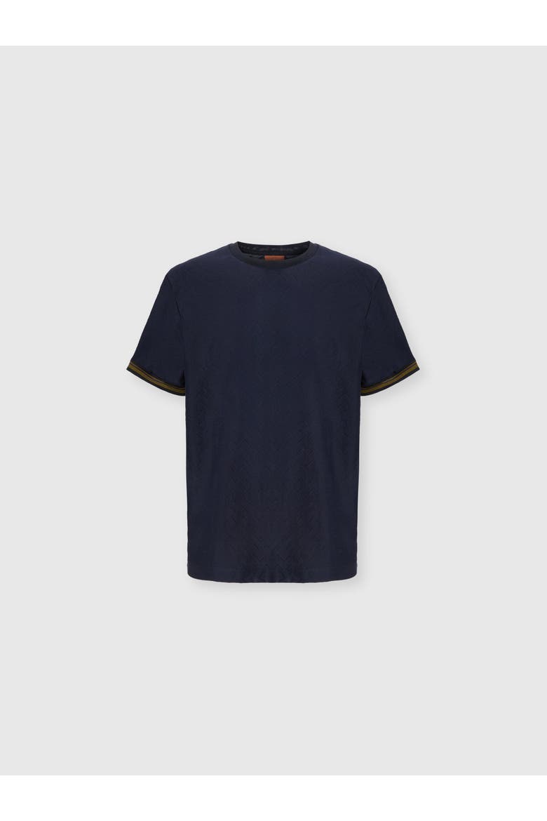 Crew-neck Cotton Jacquard T-shirt With Tone-on-tone Zigzag Design, Main, color, Blue