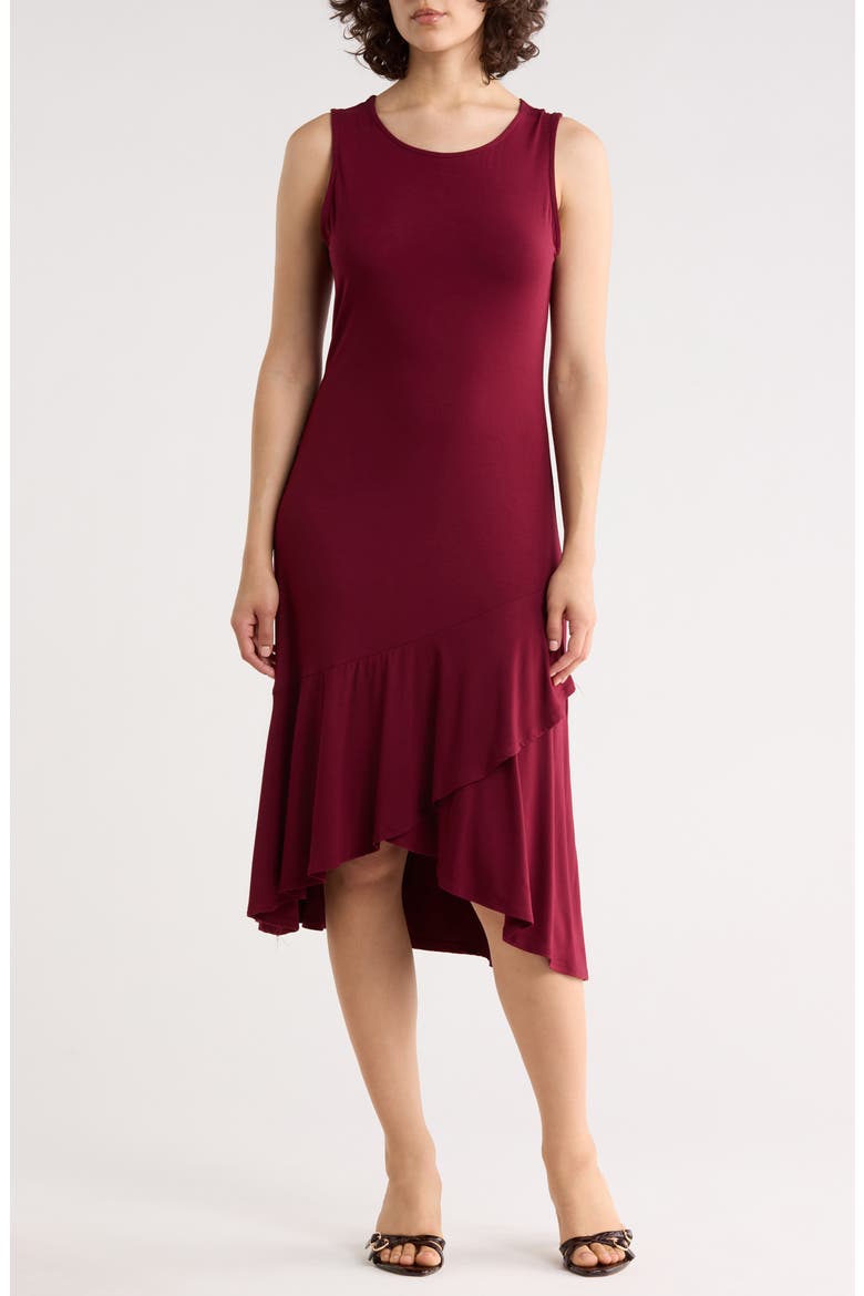 Sleeveless Asymmetrical Ruffle Hem Dress, Main, color, WINE