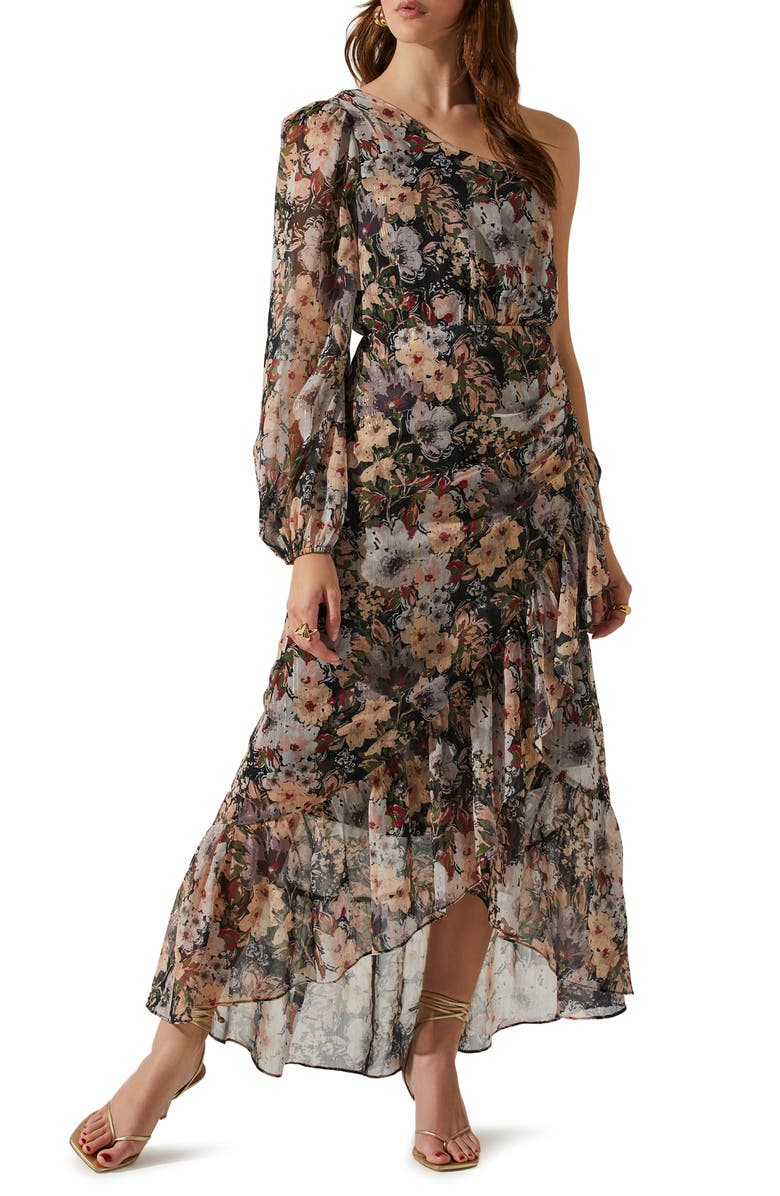 open lace back dress Astr The Label | Calista Floral One Shoulder Midi Dress in White Jacquard