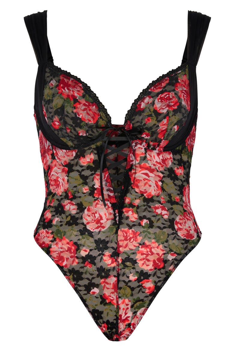 Sinful Rose Lace Teddy, Main, color, BLACK CAVIAR ROSY PASSIONS