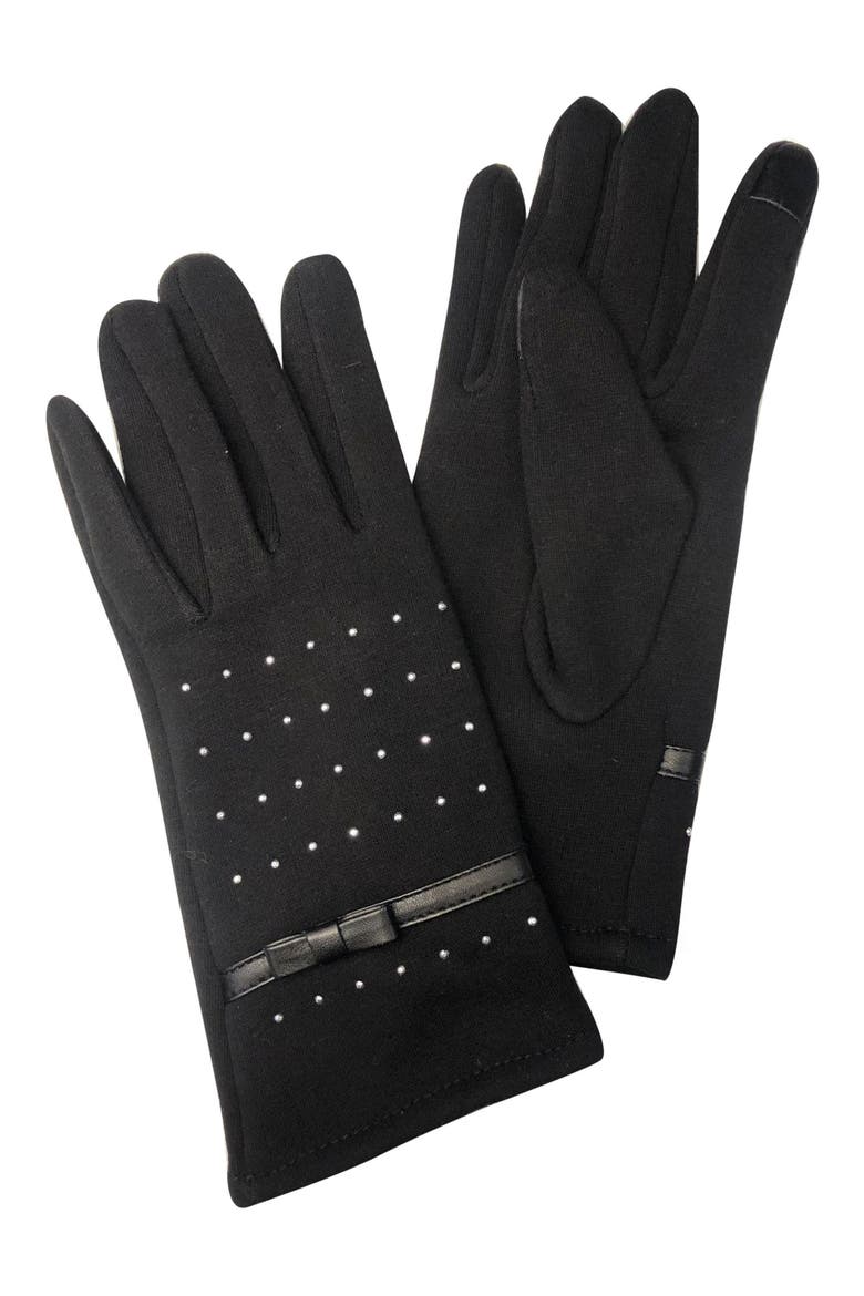 Studded Faux Leather Bow Jersey Knit Gloves, Main, color, BLACK