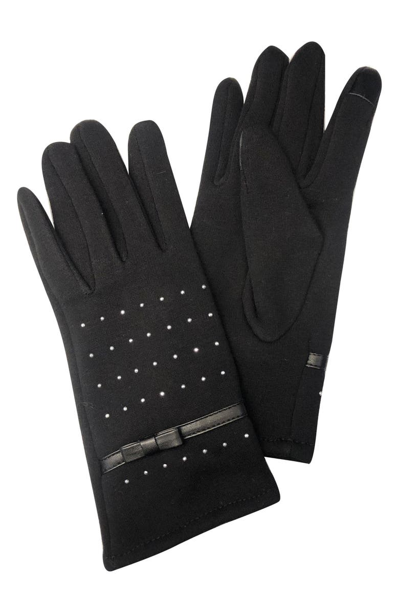 MARCUS ADLER Studded Faux Leather Bow Jersey Knit Gloves, Main, color, Black