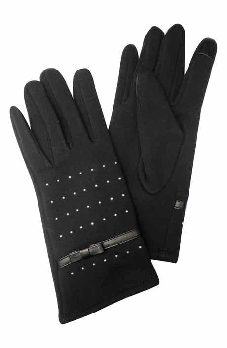 Studded Faux Leather Bow Jersey Knit Gloves