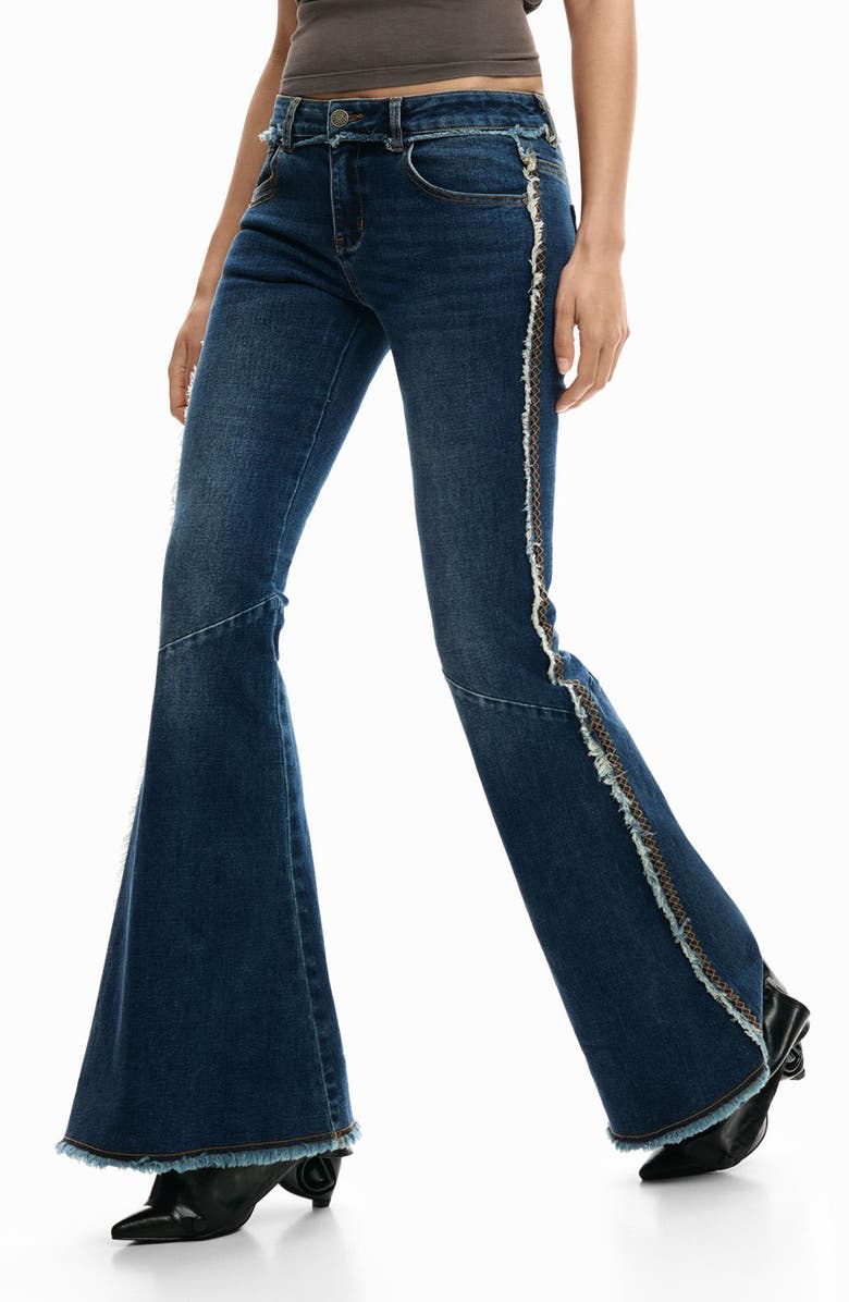 Desigual Embroidery Trim Flare Jeans, Alternate, color, Dark Blue