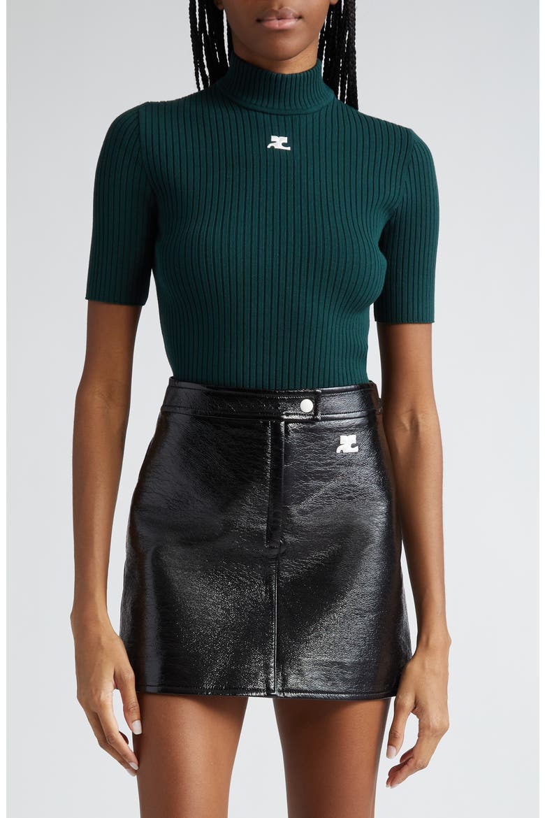 Embroidered Logo Mock Neck Rib Sweater, Main, color, DARK GREEN