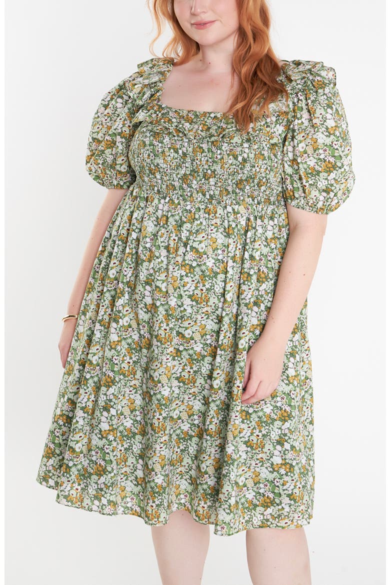 Smocked Puff Sleeve Floral Cotton Dress, Alternate, color, GREEN MULTI