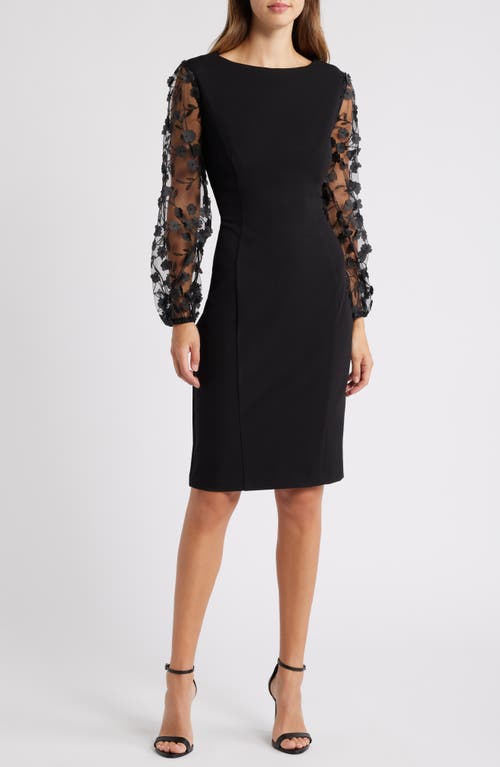 Connected Apparel Floral Mesh Sleeve Sheath Dress in Black 